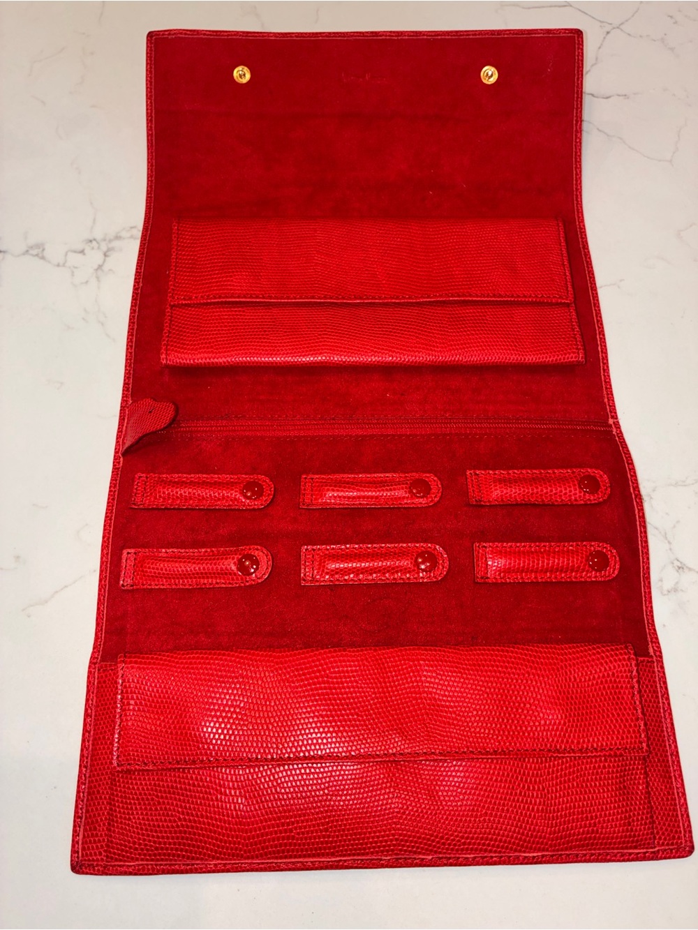 Vintage Red Lizard-Embossed Leather Folding Travel Jewelry Organizer Case